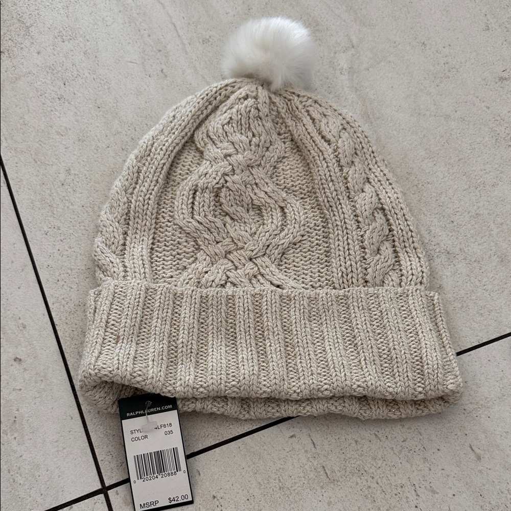 Ralph Lauren Cream and Metallic Cable Knit Hat with Pom Pom